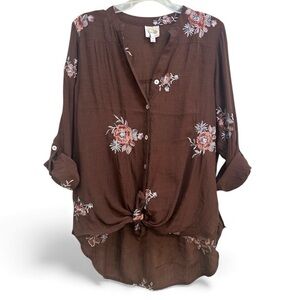 Fig & Flower Embroidered Top M 3/4 Sleeve Brown tie front Boho Cottagecore